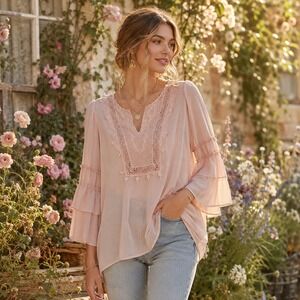 Bedford Fair Pink Lace Trim Boho Blouse Medium Ruffle 3/4 Sleeve Chiffon Top